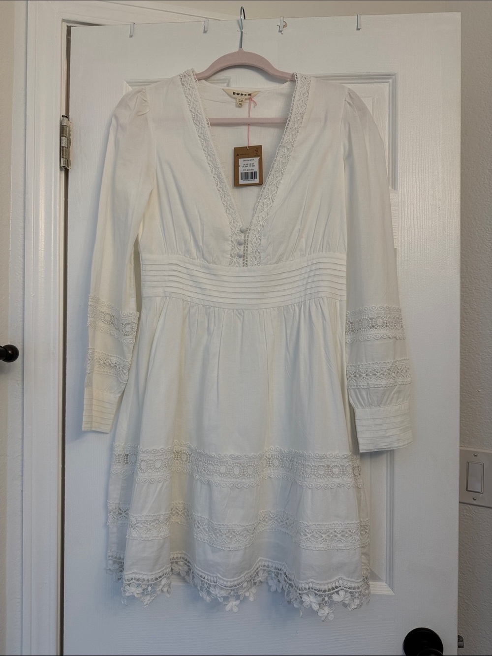 Boden Cream Lace-Trim V-Neck Long Sleeve Dress